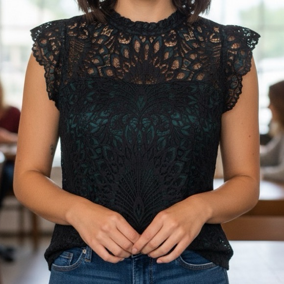 White House Black Market Tops - WHBM Black & Green High Neck lace shell blouse NWT Holiday Party flutter sleeve